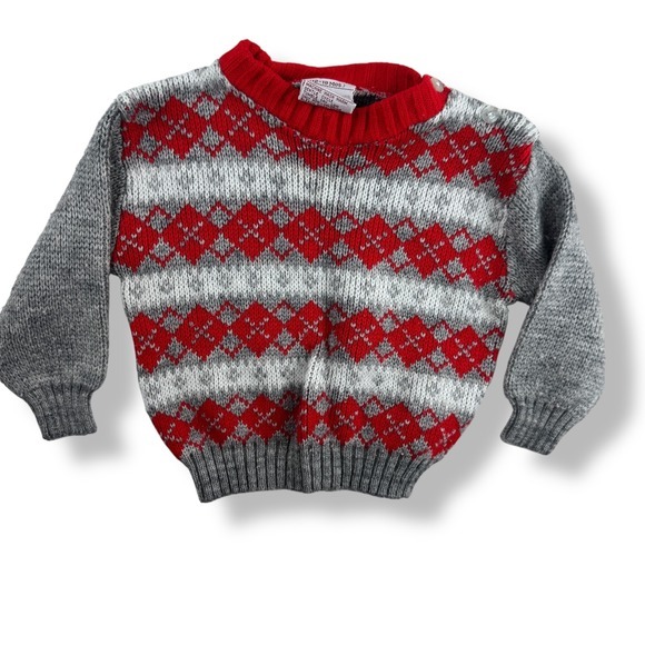 Vintage Montgomery Ward Baby Sweater Size 1218 Months Red Gray Argyle Acrylic